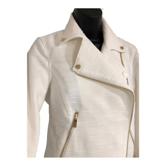 Anne Klein ecru boucle lookโ gold zippered moto jacket blazer size large new - Picture 8 of 17